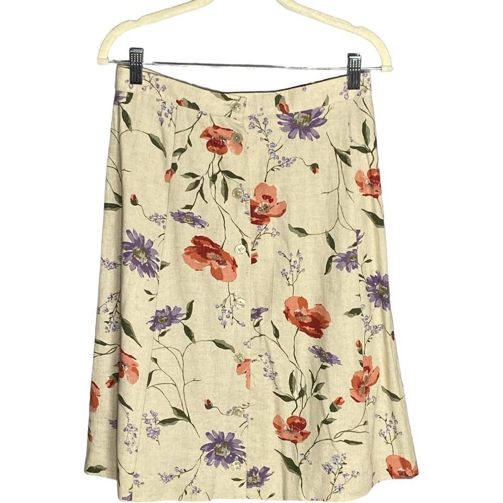 Requirements Womens Skirt Floral Button Front Pleat Lines Midi Cream Size PM